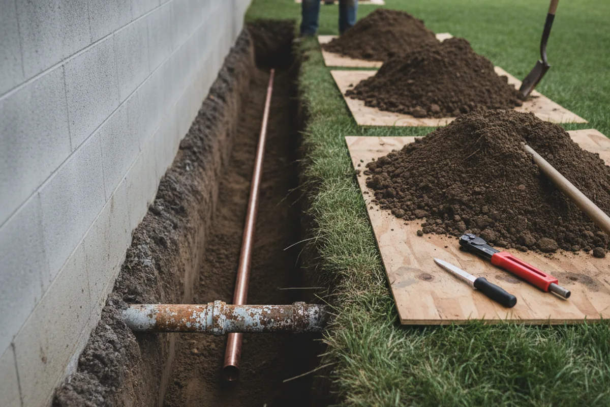 Excavated water line trench during Sewer Line Repair in Claymont